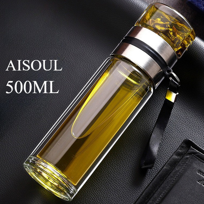 AISOUL 유리 물컵 내열유리 이층구조 차칸 거름망 분리 휴대용 선물용 유리 텀블러 티보틀, 1개, 500ml, 투명
