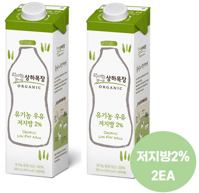 상하목장 유기농우유 저지방2% 후레쉬팩 900ml유기농 인증/냉장 무배, 2개, 900ml