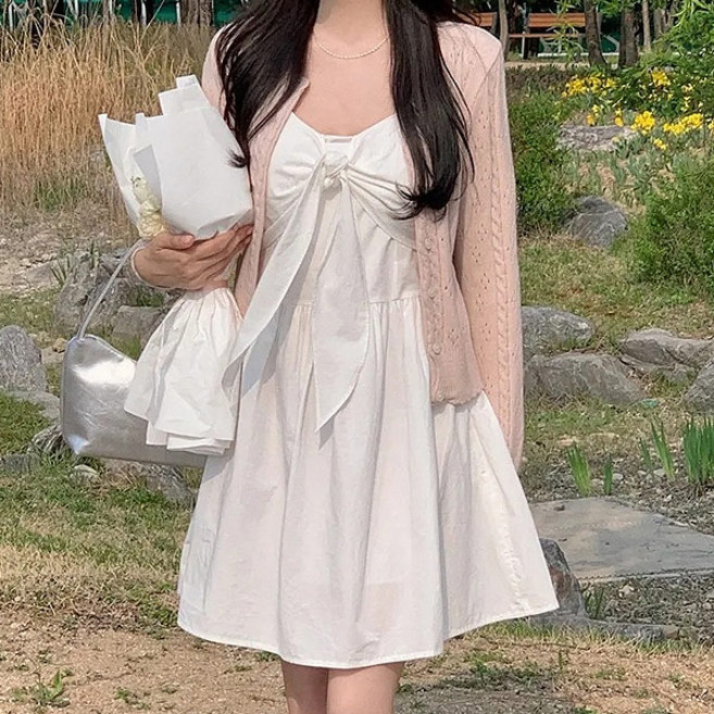 [당일출고/비침없음]리본 끈나시 미니원피스[레이어드 뷔스티에 빅사이즈 휴양지 데이트 여친룩 키작녀 미디롱 셔링치마 여룸튜브탑 빈티지 Y2K 증명사진 수학여행 드레스 긱시크 볼레로]