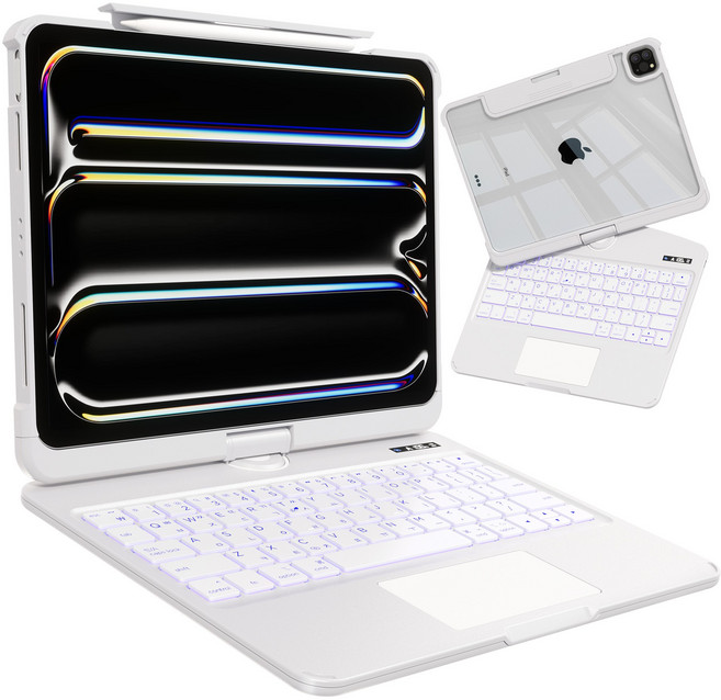 AITEWO 아이패드 키보드 케이스 일체형 360도 회전 다각도 조절 투명 케이스 트랙패드 펜슬수납 에어4/5/6/7/8세대10.9/11인치 프로1/2/3/4세대 12.9/13인치, 퓨어 화이트, 1개
