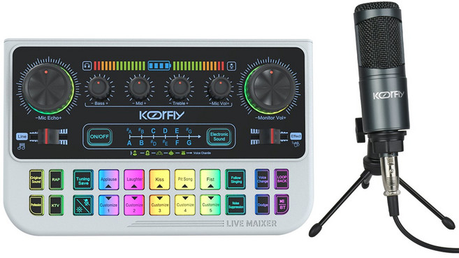 KOORFLY KF-X4 방송용 오디오 인터페이스 RGB 사운드카드 노이즈캔슬링 유튜브 마이크 세트, 화이트 (White), [탁상용세트] KF-X4 + 콘덴서 마이크