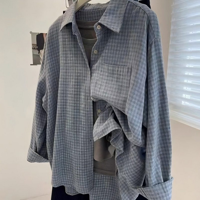 TIMEPURE 남녀 공용 오버핏 체크 셔츠 데일리 셔츠 코디 오버사이즈 긴팔 셔츠 실루엣 편안함 캐주얼 룩 통근 데이트 소프트 텍스처 릴랙스 핏 셔츠