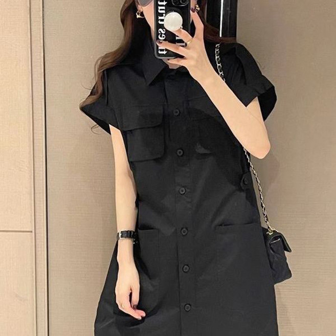 BOONINT 여성 원피스 카고원피스 셔츠원피스 카라넥 반팔 포켓 단추 심플 h라인 심플 패션 캐쥬얼 루즈핏 오버핏 빅사이즈 BN062424, 블랙