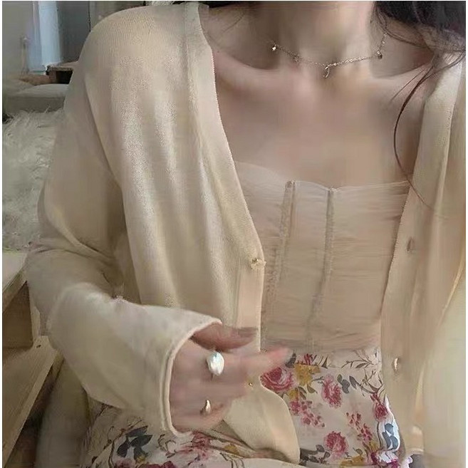 梨卡 女裝 韓版冰絲針織薄外套 罩衫 防曬上衣 多色可選, 杏色-現貨馬上出貨