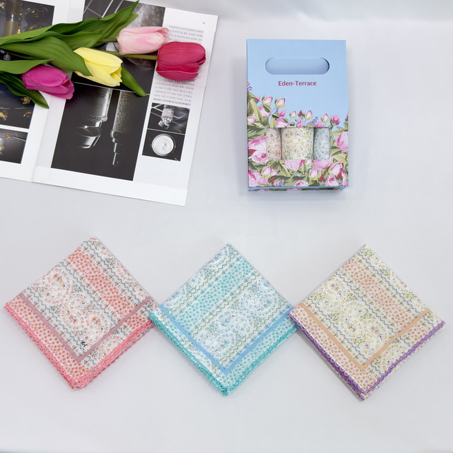 이든테라스 손수건 여성 쁘띠 스카프 3장 1셋트 (고급 선물 케이스 포장) 면80수 엠보 큐티 핀코트 F