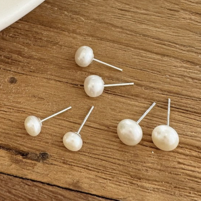 MOOLDN 실버925 천연 담수 진주 납작 은침 실버 귀걸이 (5mm/6mm/7mm/8mm/9mm/10mm)