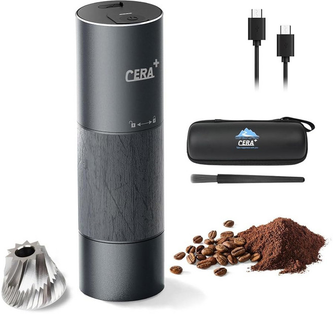 CERA 휴대용 커피 원두 그라인더 전기 90 정밀 분쇄 설정이 가능한 자동 정지 및 원 버튼 에스프레소용 버 푸어 오버 프레스 모카 가방, 1개