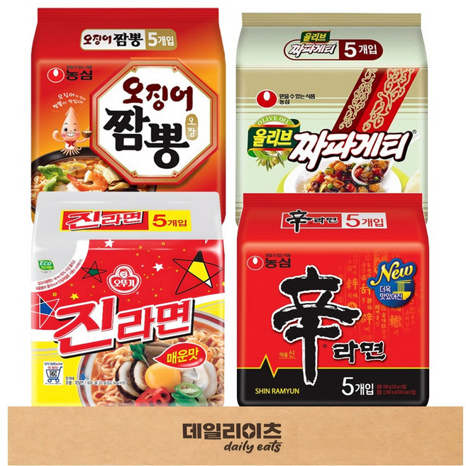 [데일리이츠] 농심 오뚜기 봉지라면 멀티팩 4종 B (신라면 짜파게티 오징어짬뽕 진라면매운맛), 1박스