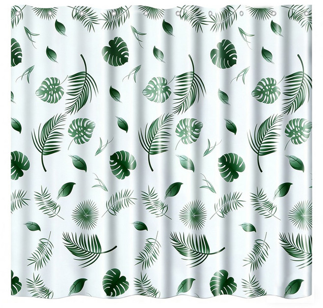 투데이리빙 리프 방수 샤워커튼 + 커튼링 10개 포함 욕실 화장실 욕조 가리개 가림막 u타입 고리 곰팡이 방지 빨아쓰는 커텐, 1개, 그린