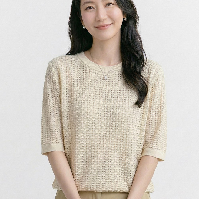 나바바 NK3615 여성 베이직 데일리 펀칭 라운드넥 5부 니트티