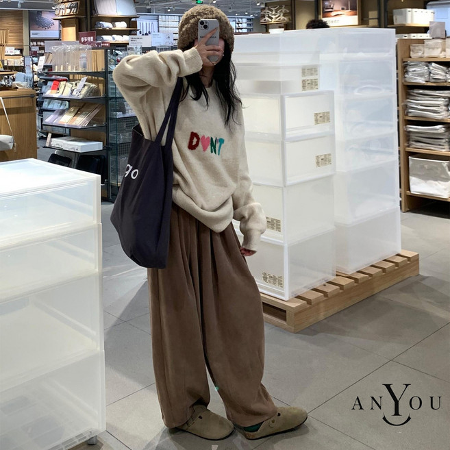 ANYOU 여성 루즈핏 코듀로이팬츠 캐주얼 팬츠 봄 가을 겨울 골덴 밴딩 와이드바지