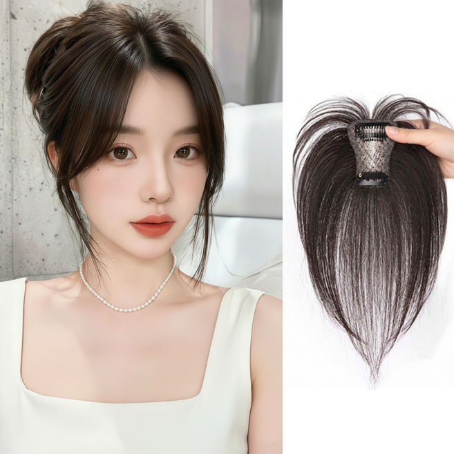 Leesheer 여자 볼륨 정수리 부분가발 100%인모 수제 앞머리 가발, 팔자 앞머리(내추럴)4*6cm, 1개