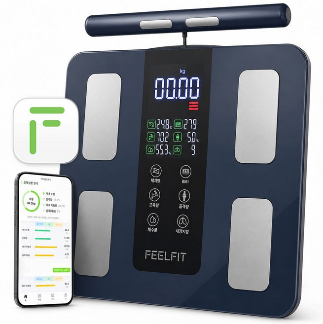 필핏(FEELFIT)(한국 APP) 전문가용 손잡이형 8전극 스마트 인바디 체중계 50가지 지표 FEELFIT자체개발앱 임산부 모드 애플 삼성헬스 인바디 다이어트, 1개, 네이비, Expert2