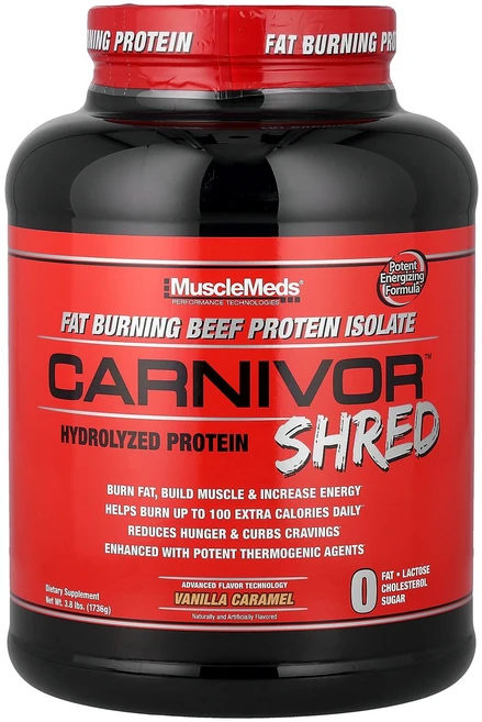 MuscleMeds Carnivor™ Shred Hydrolyzed Protein Vanilla Caramel 3.8 lbs (1 736 g), 1723 g, 1개 - 쿠팡