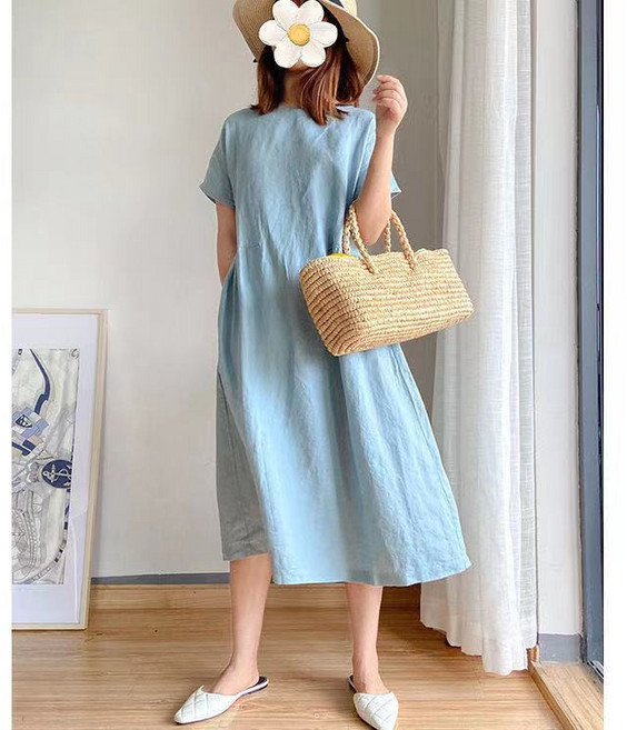 簡約文藝棉麻寬鬆顯瘦中長款連衣裙, L 约52.5-57.5公斤