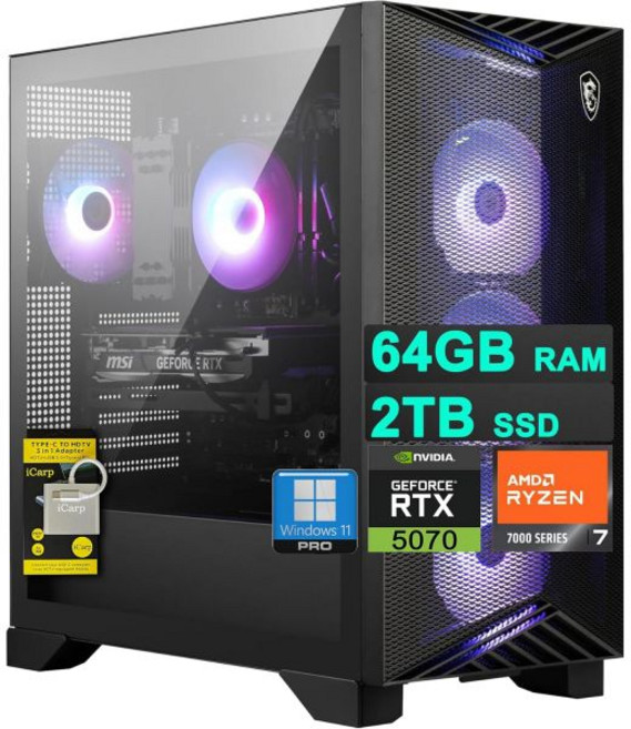 데스크탑 컴퓨터 기업용 슬림 타워 MSI 이지스 Z2 게이밍 데스크톱 AMD 옥타코어 Ryzen 7 7700 64GB RAM 1TB SSD GeForce RTX 5070 DLS, 64GB RAM | 2TB SSD