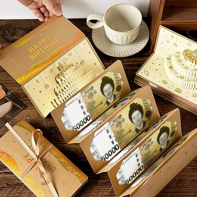 팝업 줄줄이 병풍식 용돈봉투 생일카드 세트, 3개, 혼합색상
