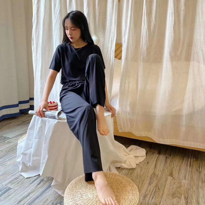 軟軟兩件式家居服套裝 夏季薄款純色短袖鬆緊腰長褲