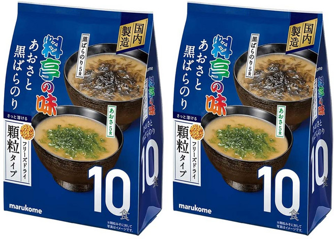 마루코메 대용량 동결건조된 과립 미소국 아오사 + 쿠로바라노리 맛 10개입, 60g, 2개