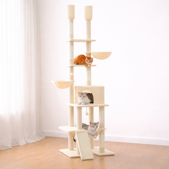 PAWZ Road 7단 대형 선인장 모양 플러시 패브릭 캣폴 천장 고정형 트윈 기둥 높이 조절 캣타워 216-285CM, 1개, 베이지