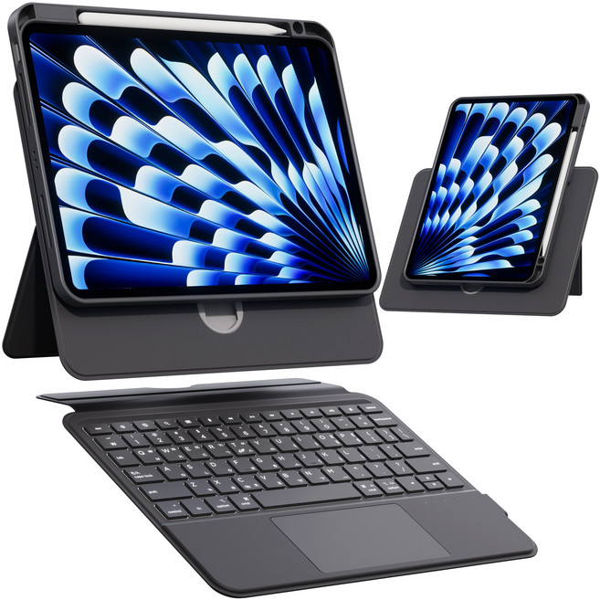AITEWO 아이패드 매직키보드 케이스 펜슬 수납 360도회전 분리형 맥세이프 세로 가로 트랙패드 에어8/7/6/5/4/3/2/1세대 프로 11/10.9/13/12.9인치, 에어8/7/6/5/4세대 프로4/3세대 10.9/11, 블랙, 1개, 분리형 높이 조절