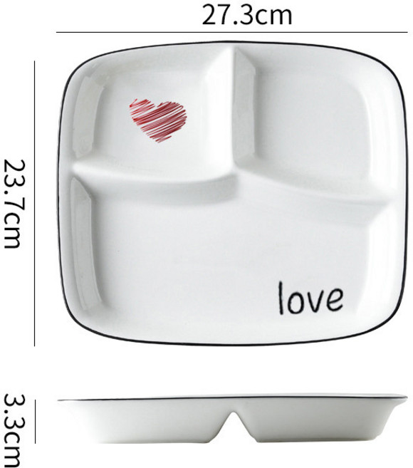 다이어트 1인용 세라믹 분할식판 / 체중조절 나눔접시 / 칼로리 컨트롤 그릇 / 아침식사 도시락 접시, 레드하트 (Red Heart), 1개