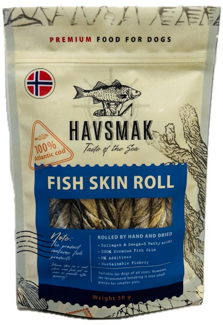 HAVSMAK海夫默克 挪威鮭魚皮片, 1個, 海夫默克-犬用挪威鱈魚魚皮捲50g