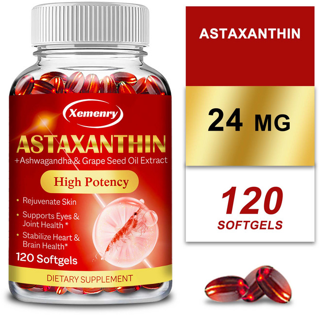 아스타잔틴 24mg 캡슐 - 강력한 항산화제 - 아슈와간다 뿌리 추출물 함유, 2개, 120정