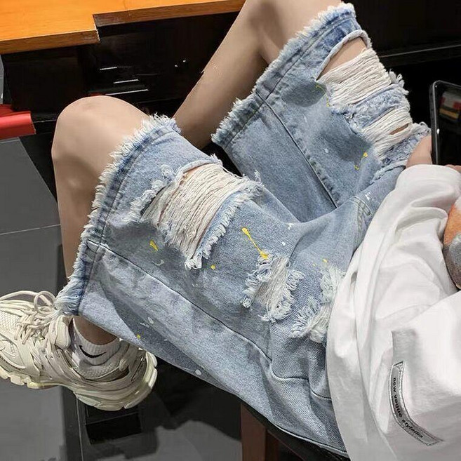 日系毛邊潑墨設計感牛仔短褲