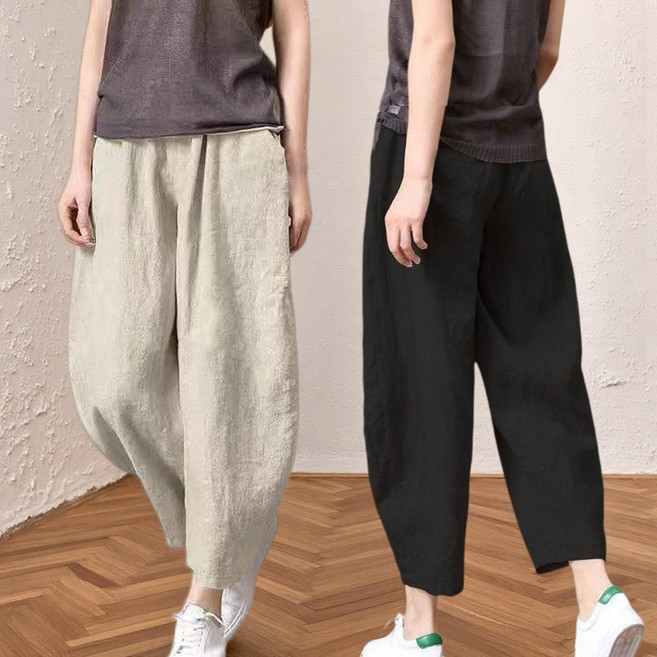 UNIQUEZON 여성 오버핏 린넨 와이드 팬츠 여름 시원한 면마 9부 일자 바지 빅사이즈