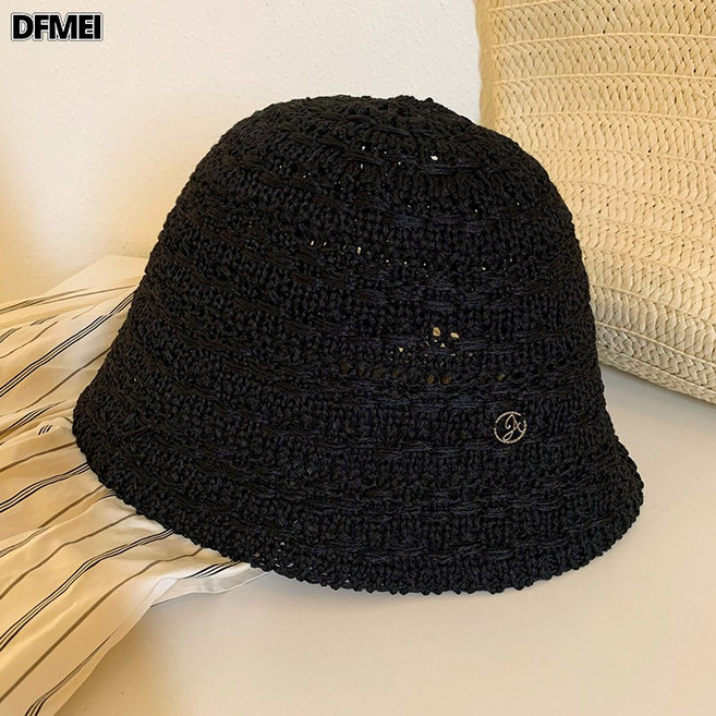 DFMEI 日系純色針織鏤空漁夫帽子女春夏季2026新款透氣遮陽防曬帽子盆帽