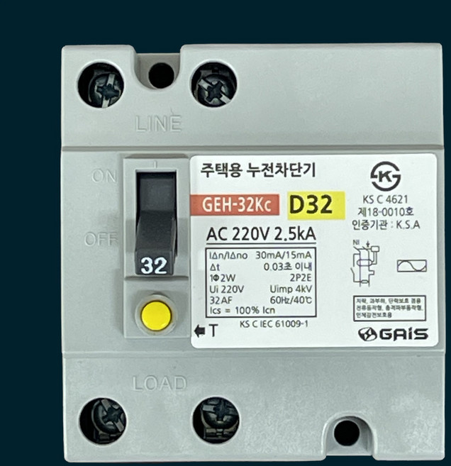 가이스산전 누전차단기 주택용큰타입 30A (2.5ka) 30mA 공장 분전함용 사무실 누전방지 차단스위치 감전방지 전원장치 국산 과부하겸용 전기누전공사 주택용, 1개