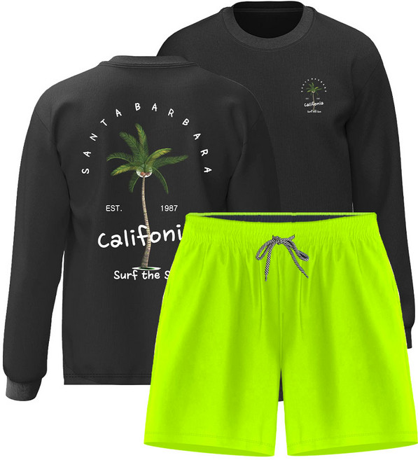 몰토벨리노 오버핏 긴팔 레쉬가드 4부 보드숏팬츠 상하세트, 남녀공용XL, 산타바바라801