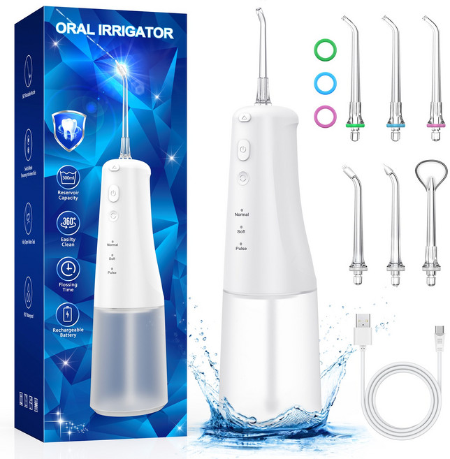 구강세정기 워터플로서 무선 휴대용 IPX7 방수 300ml 대용량 6종 노즐세트 초미세수압 치간청소