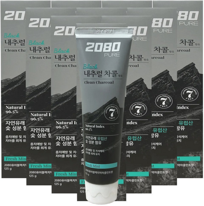 2080 퓨어 블랙 차콜민트 치약, 10개, 125g