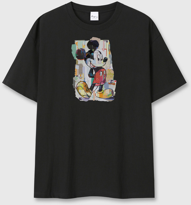 디즈니 남여공용 미키 콜라주 남녀공용 오버핏 프린팅 코튼 면 반팔 티셔츠