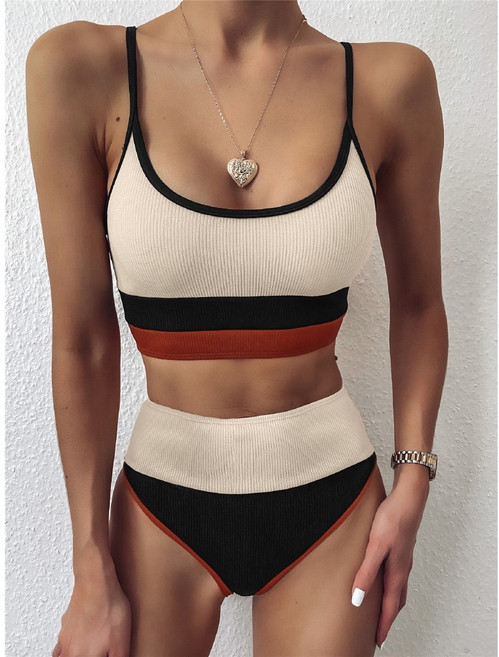 新款歐美風條紋拼接性感高腰比基尼兩件式泳衣, 粉黑,M
