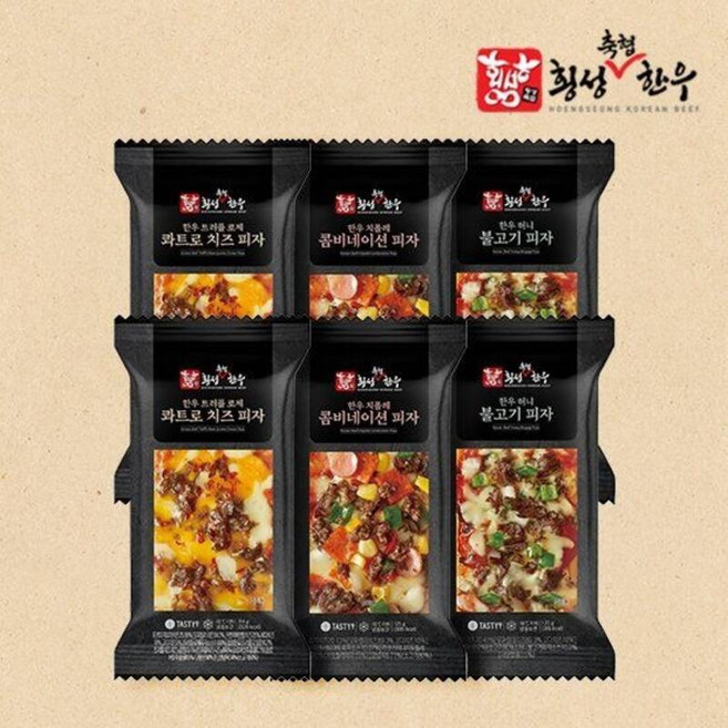 최현석 횡성축협 한우 사각피자 6팩(콤비네이션 2팩 콰트로치즈 2팩 허니불고기 2팩), 6개, 114g