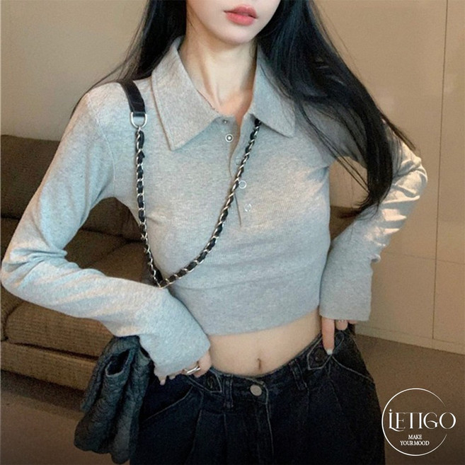 레티고 슬림 글램핏 카라 골지 크롭 베이직 긴팔 티셔츠