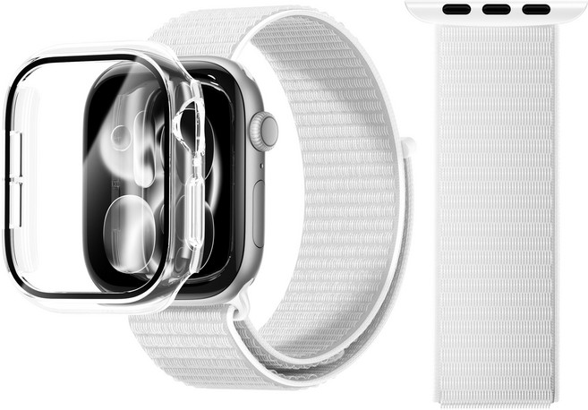AITEWO 애플워치 호환 나일론 벨크로핏 스트랩 밴드 일체형 액정보호 케이스 세트, 1개, 화이트그레이