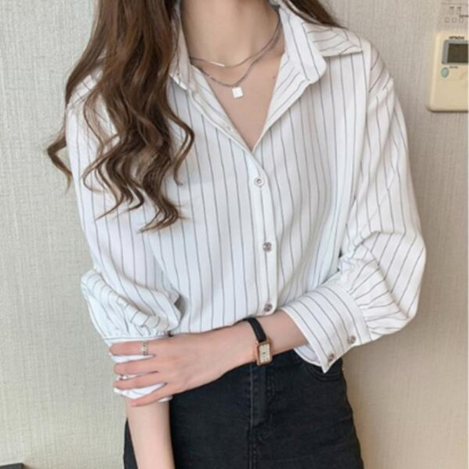 여성용 세로 스트라이프 9부 동글이 카라 셔츠