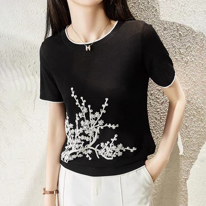 스타일아유 여성 여름 비스코스 시원한 트리 자수 루즈핏 라운드 반팔 니트 티셔츠 오피스 캐주얼