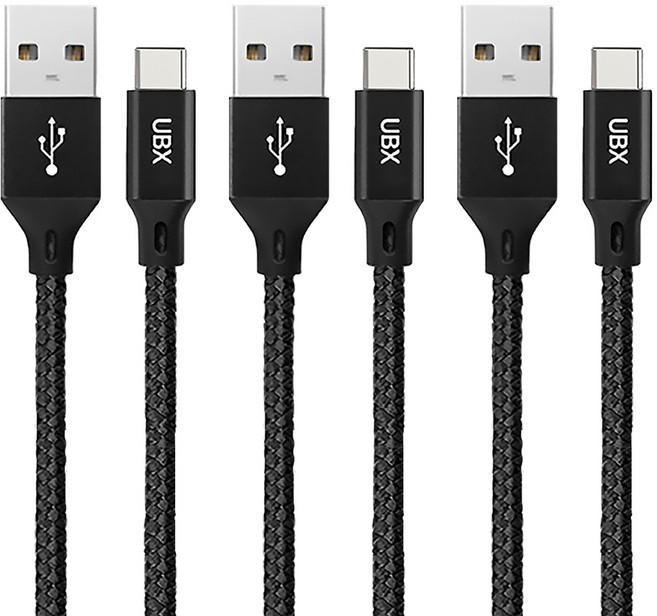 UBX C타입 칸쿤 패브릭 아이폰 갤럭시 고속 충전 데이터전송 케이블, 블랙, 3개, 1.2m