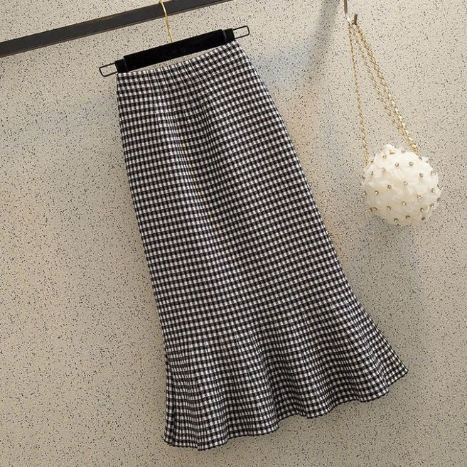 PEROLA 여성 머메이드 스커트 봄 가을 겨울 미디 하이웨스트 체크 디자인 A라인 스커트 힙 스커트 니트 스커트