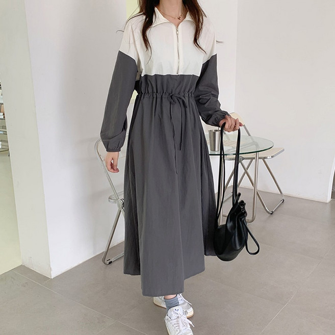 바스락 배색 반집업 롱 원피스 스트랩 여성 데일리