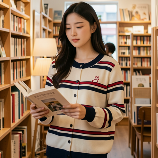 오우하하 스트라이프 여성 니트 가디건