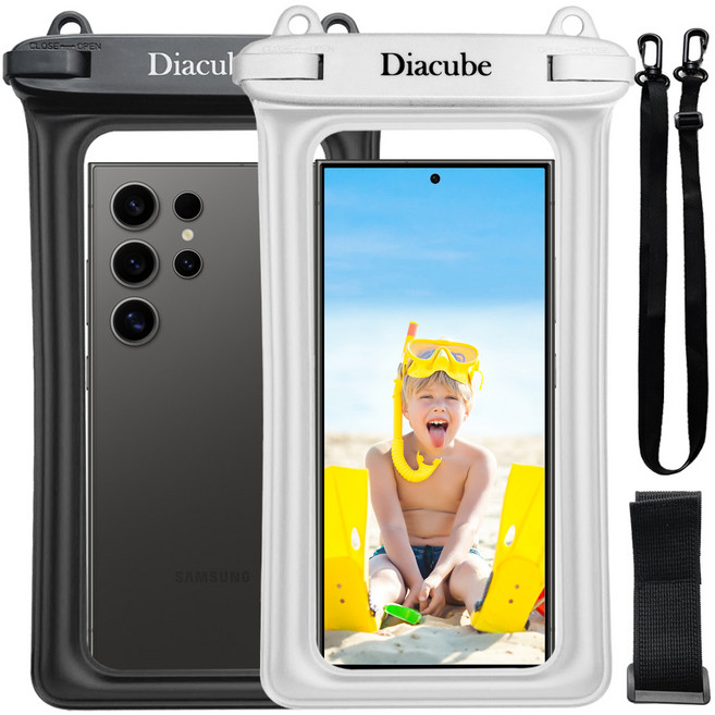 다이아큐브 1+1 갤럭시S23 S24 S25 울트라 휴대폰용 스마트폰 원터치 방수팩 방수등급 IPX8 (+암밴드), 1세트, 블랙+화이트