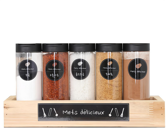 블랙라벨 레터링 투웨이 양념통 선반 세트, 1세트, 양념통 5p + 우드 선반 + 레터링 스티커 + 실리카겔 5p