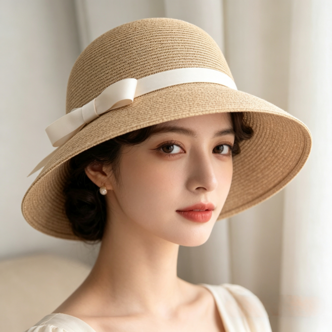 차차앤코 햅번스타일 리본 라피아 버킷햇 자외선차단 휴양지 여행 데일리모자