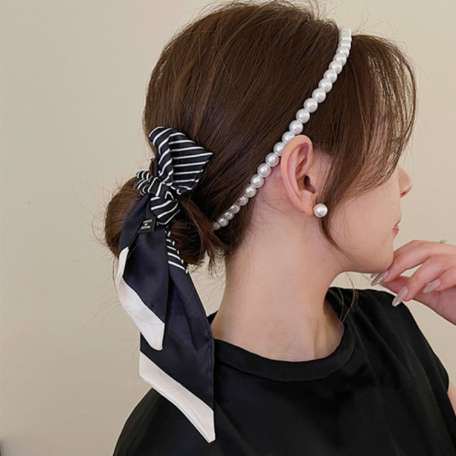 여성 고급 롱 진주 실크 쁘띠 머리장식 목걸이 스카프 F284